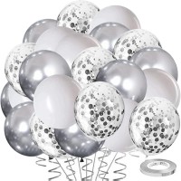 80 Pack Silver White Confetti Balloons,12inch Silver Metallic Confetti Balloons and White Balloons for Birthday Wedding Engagement Graduation Baby Shower Party Decorations.