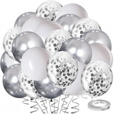 80 Pack Silver White Confetti Balloons,12inch Silver Metallic Confetti Balloons and White Balloons for Birthday Wedding Engagement Graduation Baby Shower Party Decorations.